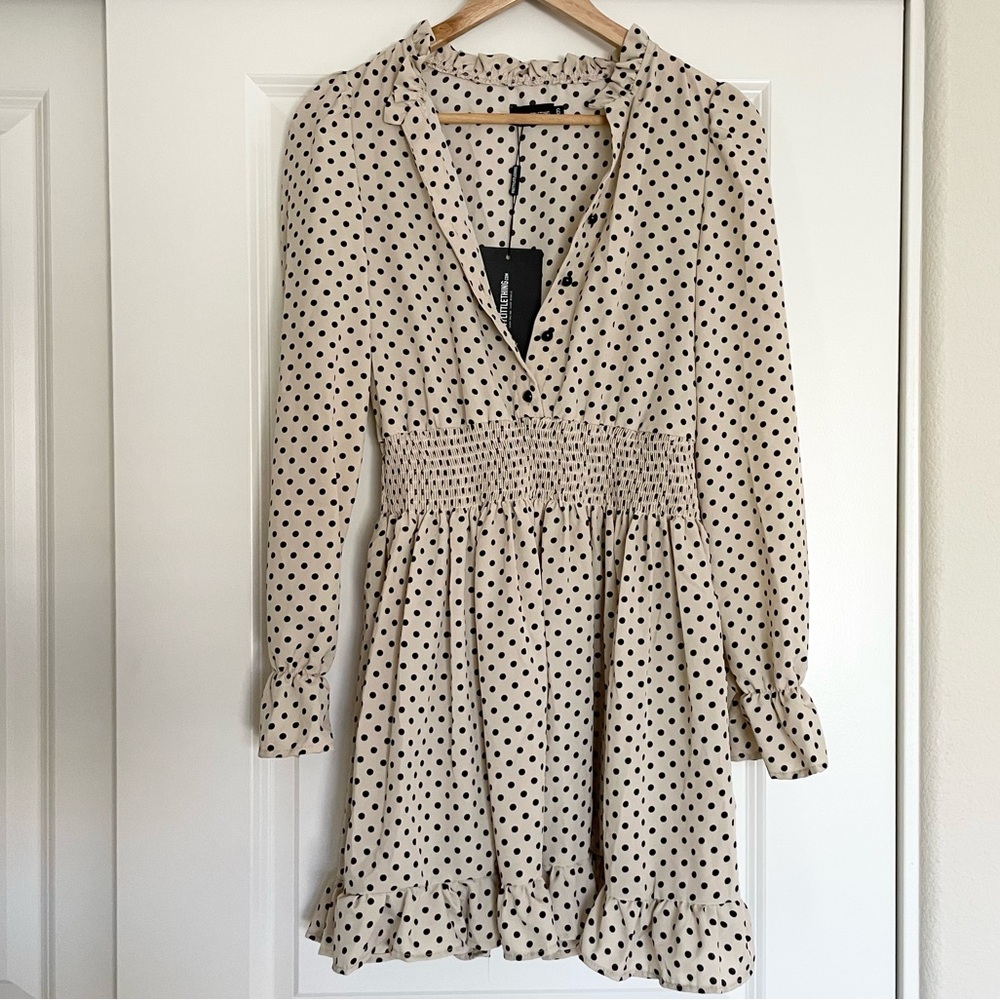 PrettyLittleThing Beige Polka Dot Long Sleeve Dress